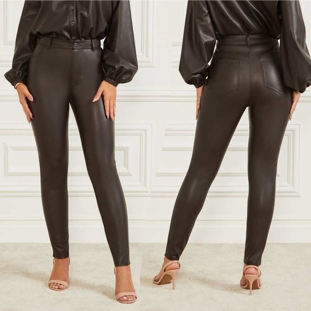 NWT New $200 Guess Marciano Nova Faux-Leather Skinny Brown Pant Size 2